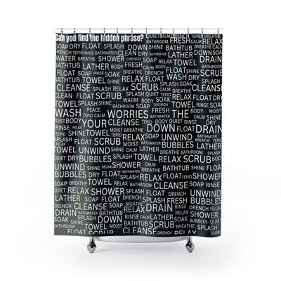 Black Shower Curtain Featuring a "Find the Phrase" Brainteaser Puzzle