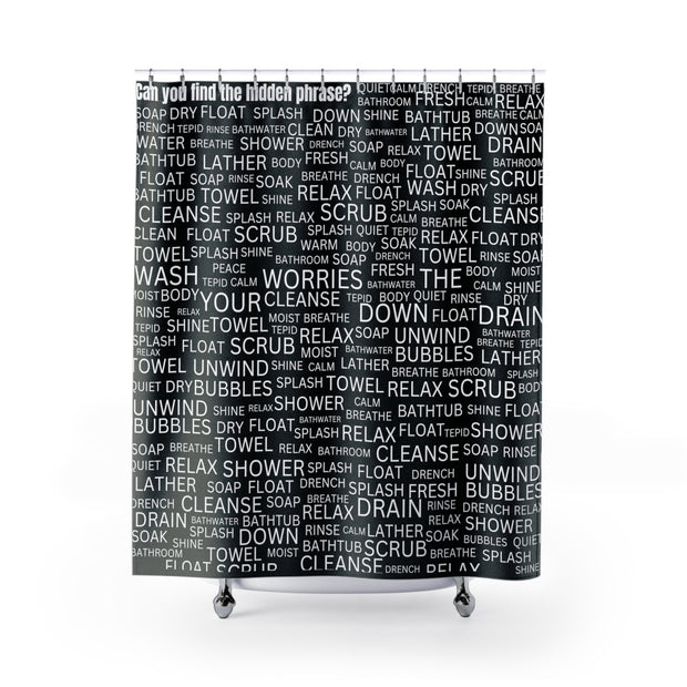 Black Shower Curtain Featuring a "Find the Phrase" Brainteaser Puzzle