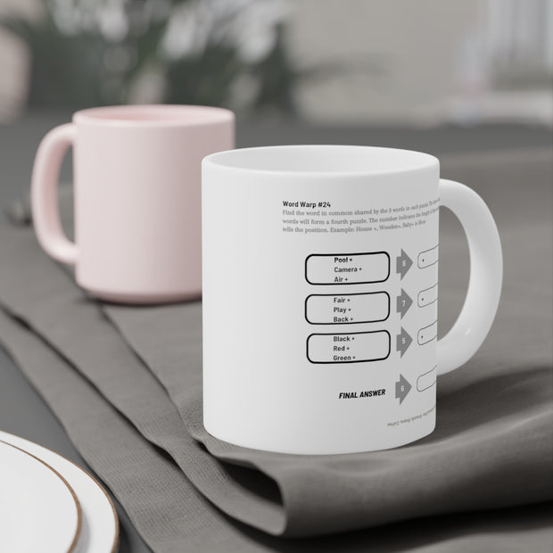 White Ceramic Mug Featuring a "Word Warp" Puzzle