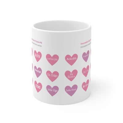 White Ceramic Mug Featuring a Candy Hearts Unscramble Puzzle