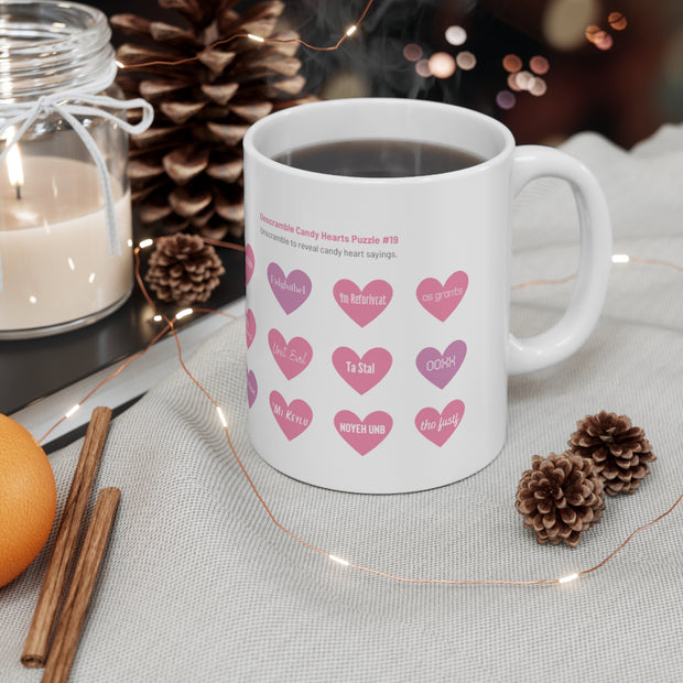 White Ceramic Mug Featuring a Candy Hearts Unscramble Puzzle