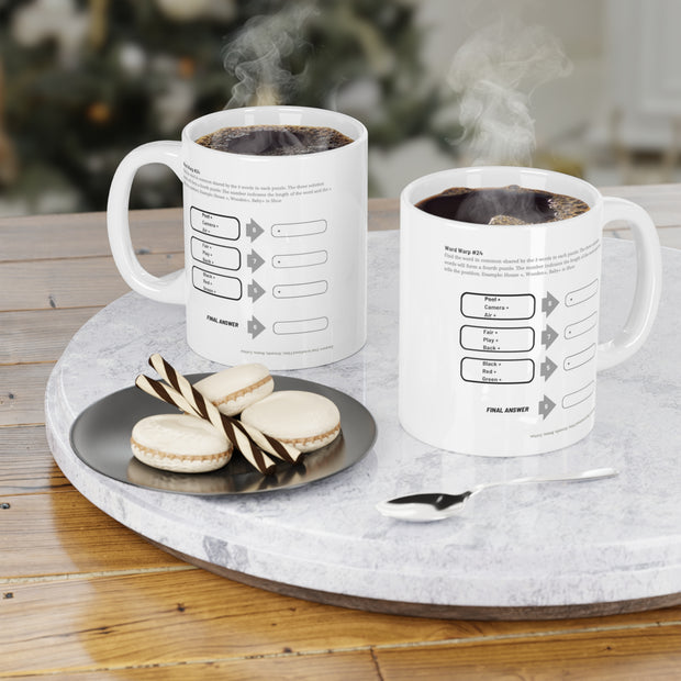 White Ceramic Mug Featuring a "Word Warp" Puzzle