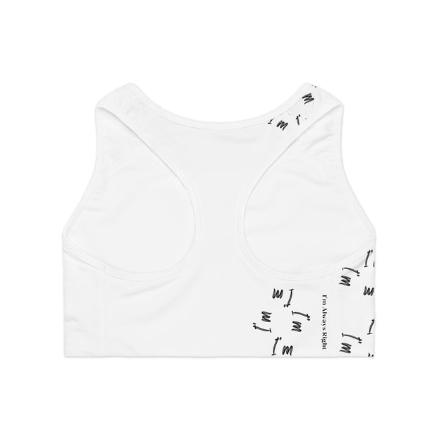 White Sports Bra Featuring an "I'm Always Right" Rebus Puzzle