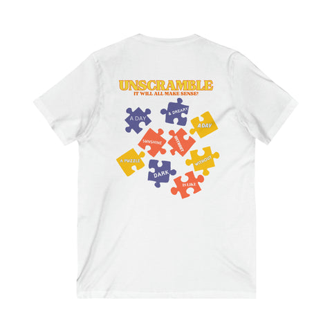 Unisex Jersey Short Sleeve V-Neck Tee Featuring an "Unscramble" Puzzle