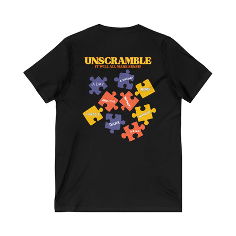 Unisex Jersey Short Sleeve V-Neck Tee Featuring an "Unscramble" Puzzle