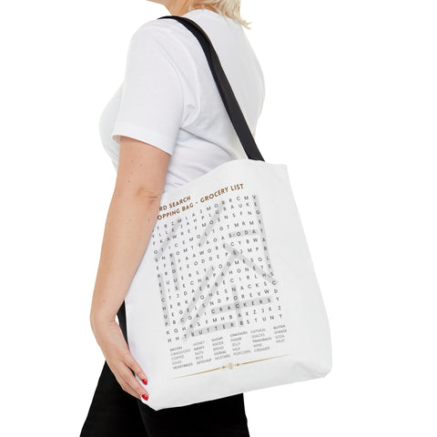 White Tote Bag Featuring "Grocery List Word Find" Puzzle