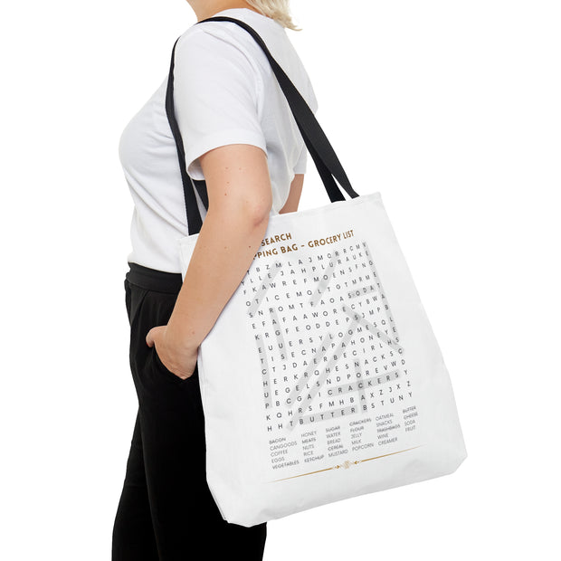 White Tote Bag Featuring "Grocery List Word Find" Puzzle