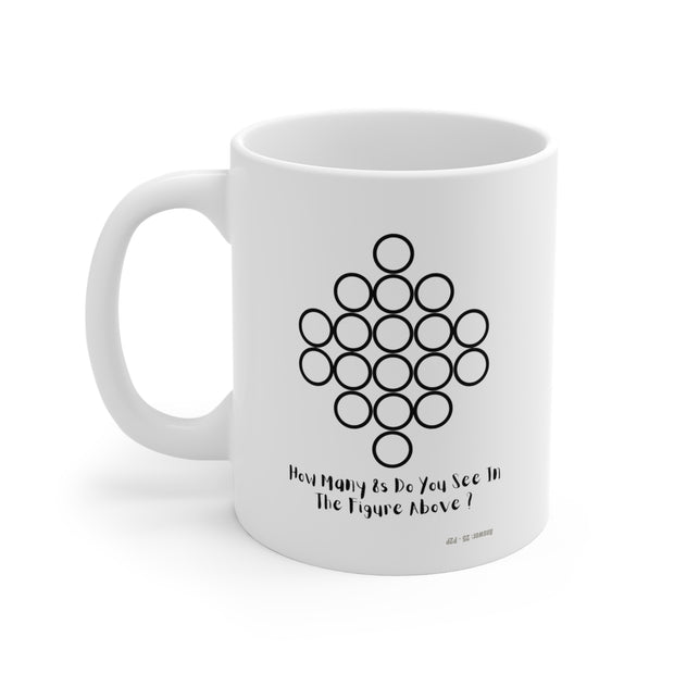 White Ceramic Mug Featuring a "Count the 8s" Puzzle