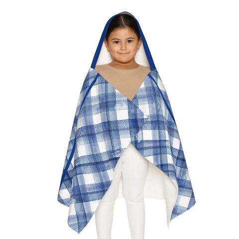 Blue & White Youth Hooded Towel Featuring a "Identify Transportation Modes" Puzzle