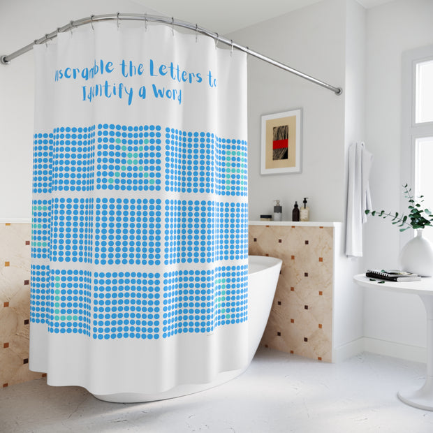 Shower Curtain Featuring an "Unscramble" Brainteaser Puzzle