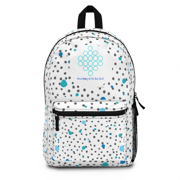 White Backpack Featuring a "Count the 8s" Puzzle