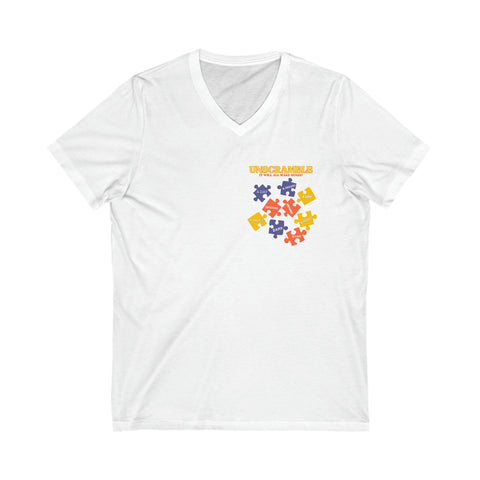 Unisex Jersey Short Sleeve V-Neck Tee Featuring an "Unscramble" Puzzle