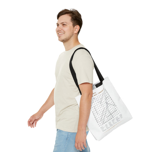 White Tote Bag Featuring "Grocery List Word Find" Puzzle