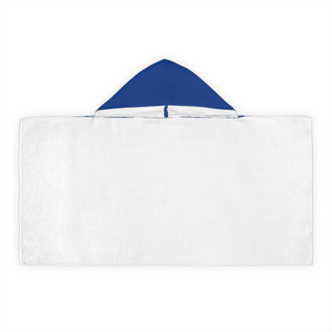 Blue & White Youth Hooded Towel Featuring a "Identify Transportation Modes" Puzzle