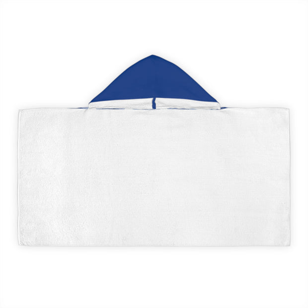 Blue & White Youth Hooded Towel Featuring a "Identify Transportation Modes" Puzzle