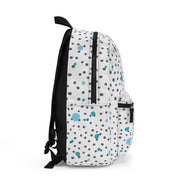 White Backpack Featuring a "Count the 8s" Puzzle