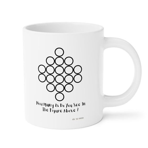 White Ceramic Mug Featuring a "Count the 8s" Puzzle