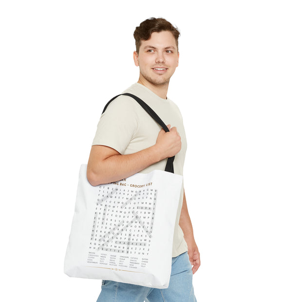 White Tote Bag Featuring "Grocery List Word Find" Puzzle