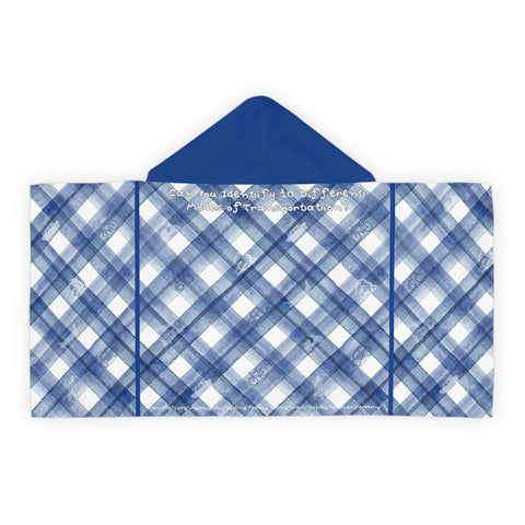 Blue & White Youth Hooded Towel Featuring a "Identify Transportation Modes" Puzzle