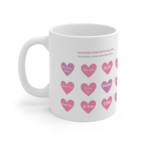 White Ceramic Mug Featuring a Candy Hearts Unscramble Puzzle